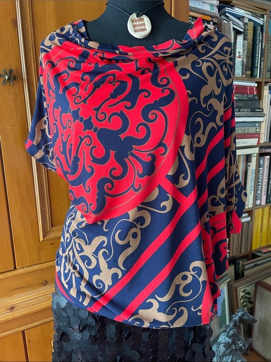 Lisa Drader Murphy Tops - 🇨🇦 Asymmetrical Women's Draped Print Blouse in Navy, Red & Beige - One Size